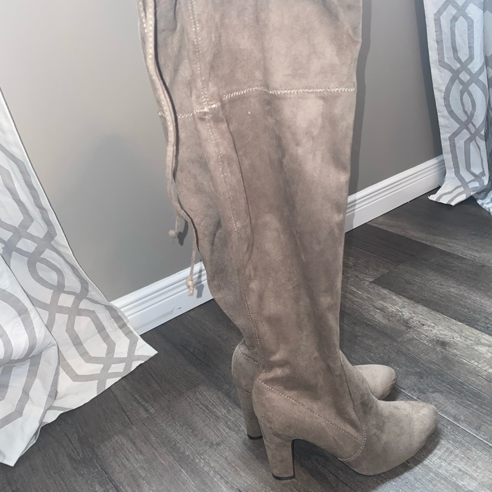 Beige Faux Suede Heel Knee High Boots